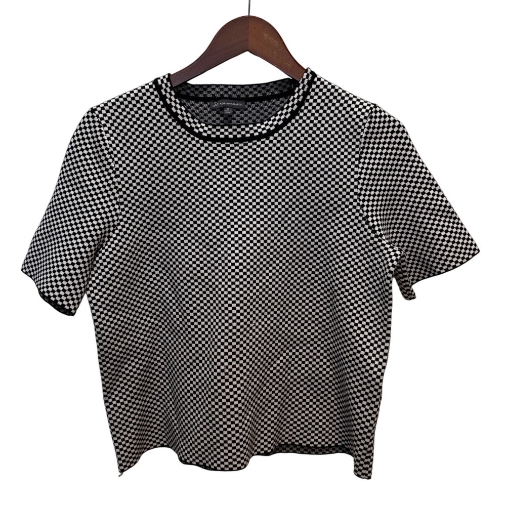 Adrianna Papell Black White Checkered Knit Top Short Sleeve‎ Crew Neck Women's M